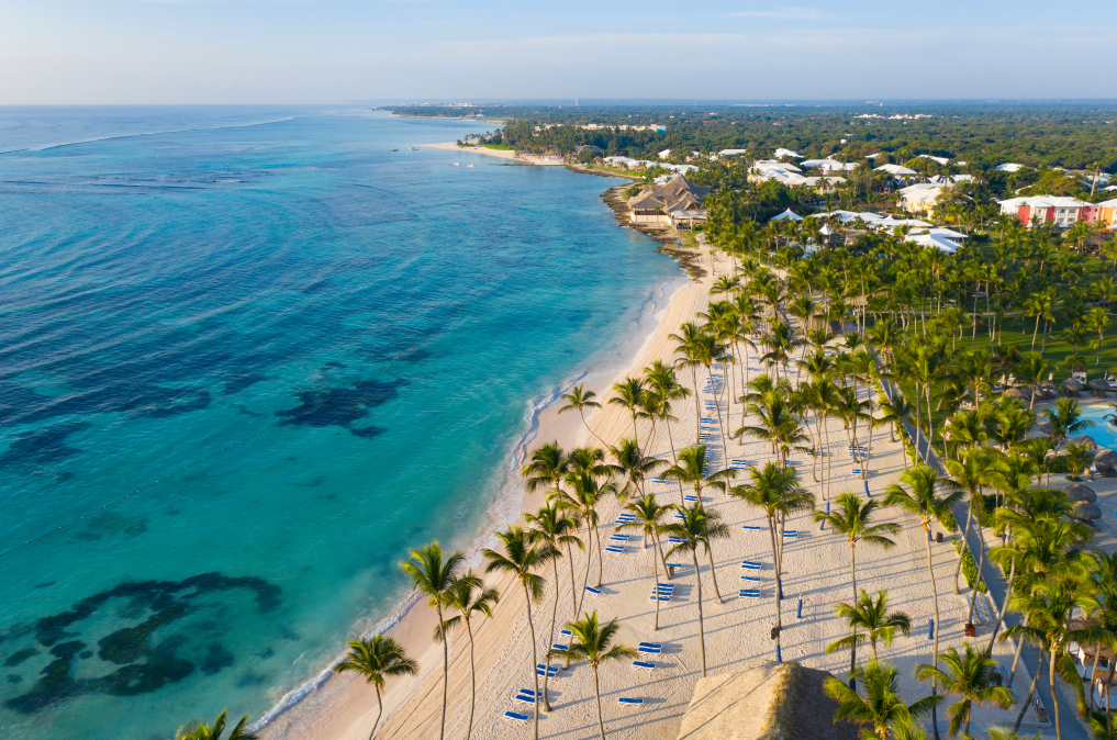 Vista de cima de palmeiras e uma praia de Punta Cana.