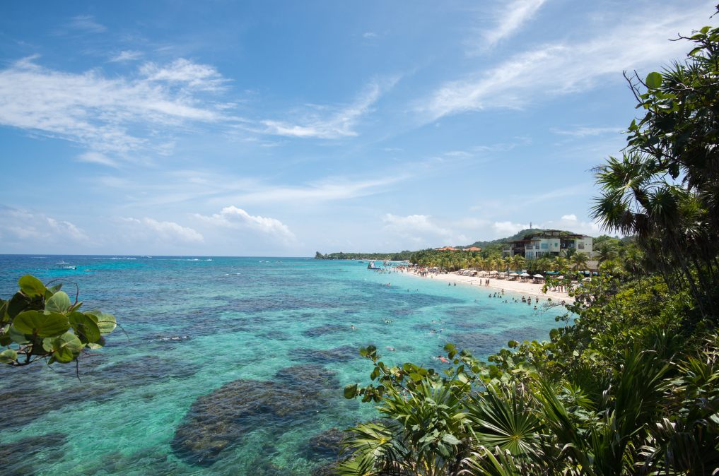 Vista de cima de uma praia de Roatán.