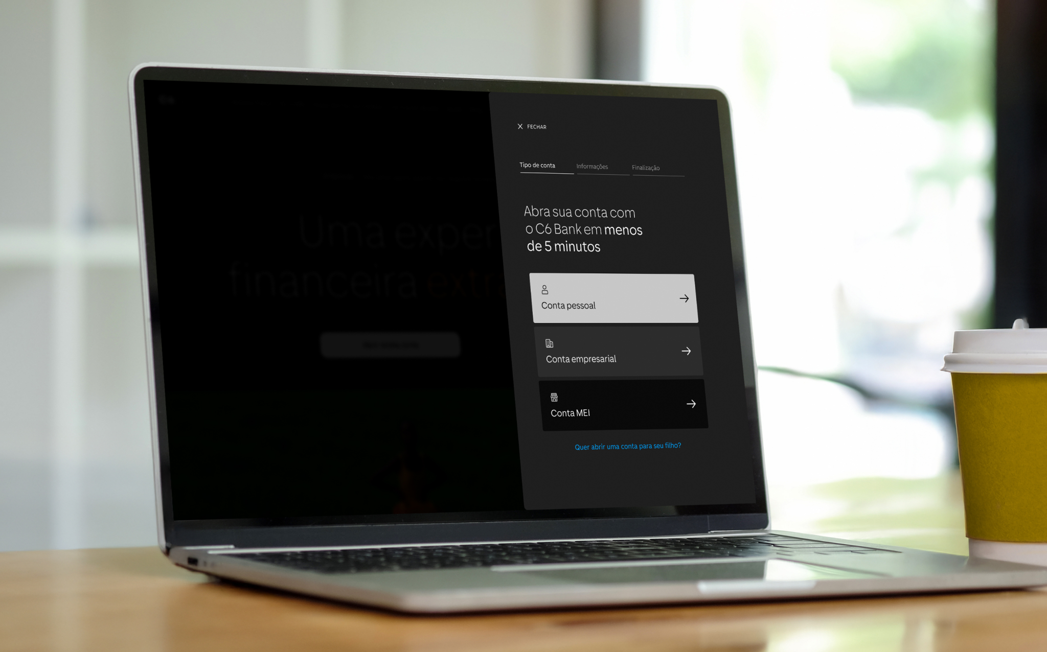 Imagem da nova abertura de conta no site C6 Bank em um desktop