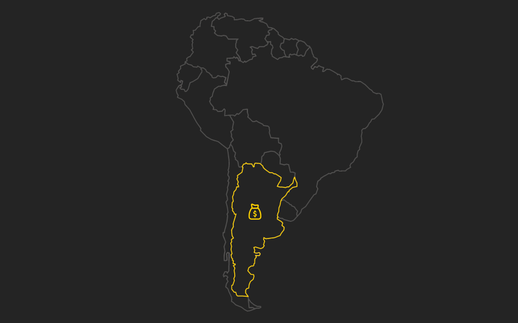 Mapa da América do Sul com destaque em amarelo para a Argentina, que contém um ícone de dinheiro no centro do país.