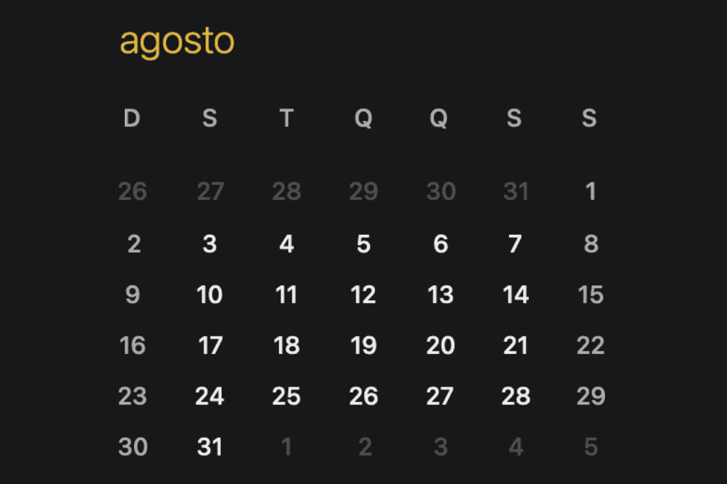 Calendário de agosto representando o pagamento do INSS.