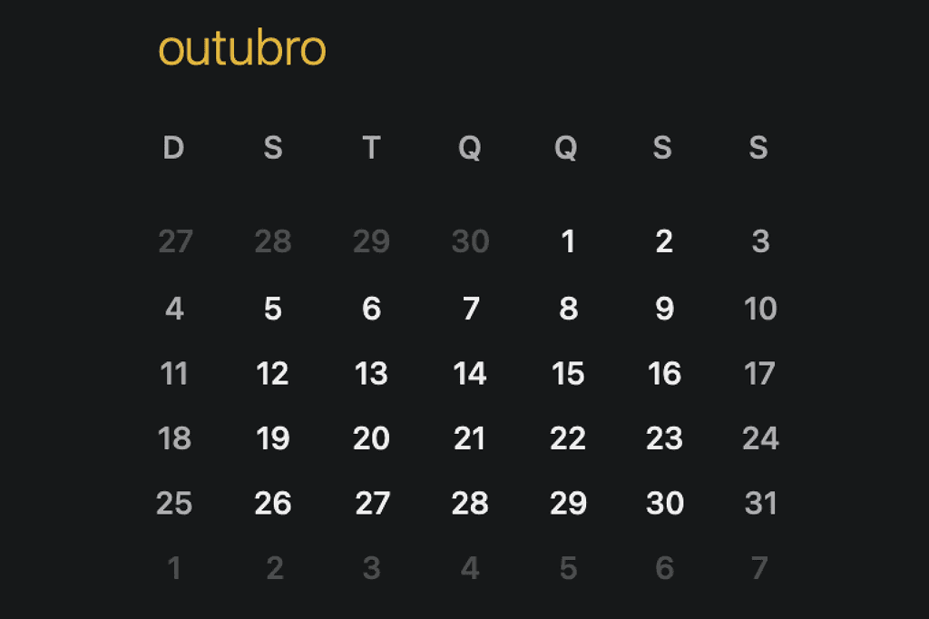 Calendário de outubro de 2026, representando os pagamentos do INSS.