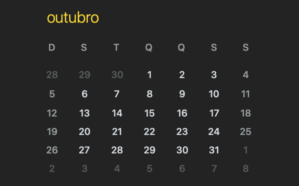 Imagem de um calendário simulando a contagem de dias para o quinto dia útil de outubro