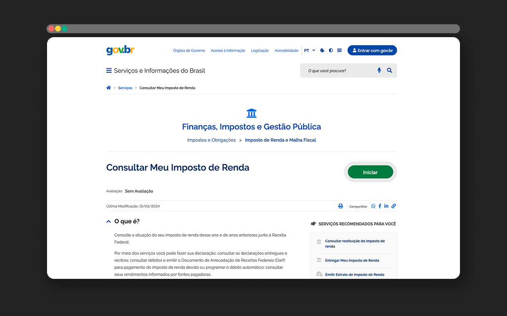 Página do site gov.br com o título “Consultar Meu Imposto de Renda” e botão verde de início, referente à consulta de restituição.