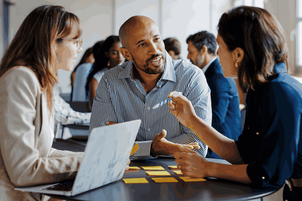 Três pessoas sentadas discutindo sobre investimentos, representando como diversificar com uma carteira acima de R$ 1 milhão.
