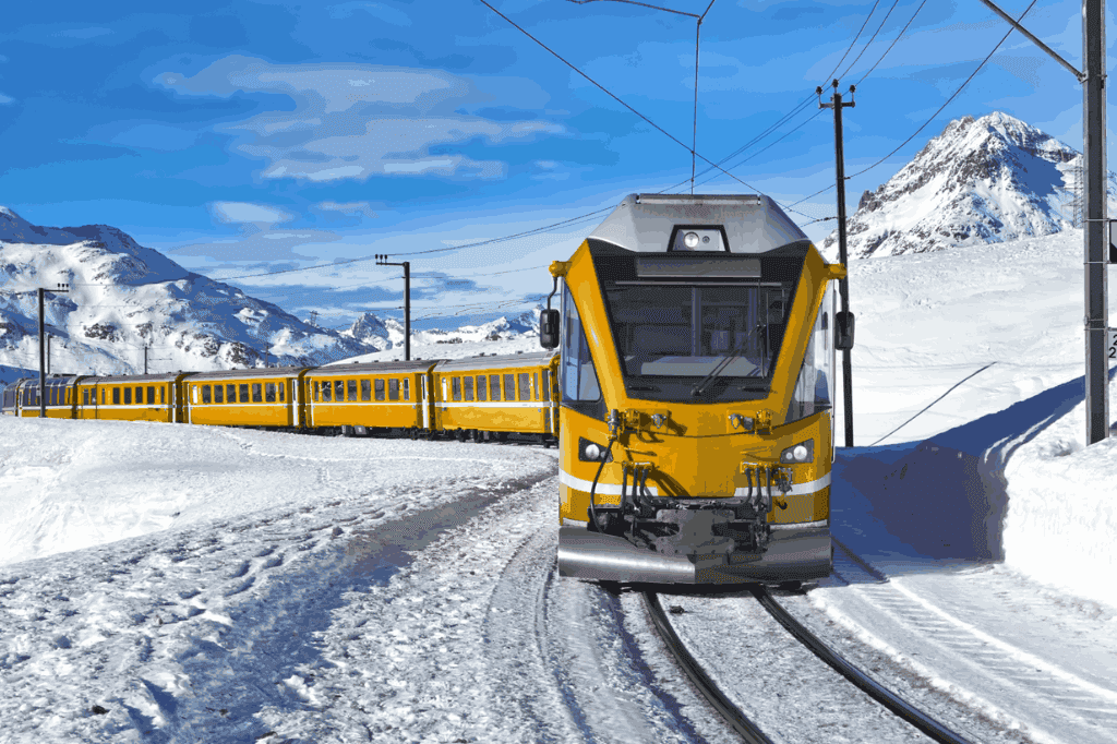 Trem europeu na neve, representando uma eurotrip