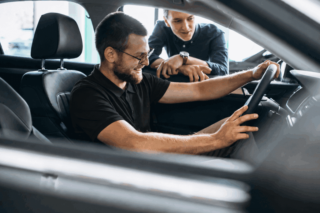 Homem sentado no banco do motorista de um carro