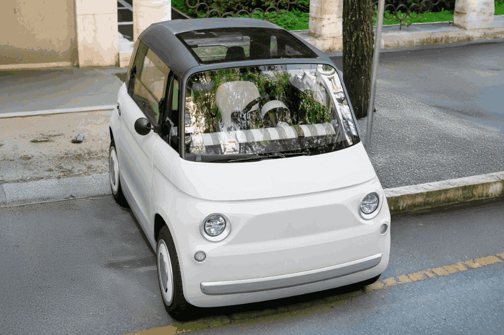 Minicarro elétrico em um contexto urbano, estacionado na rua.