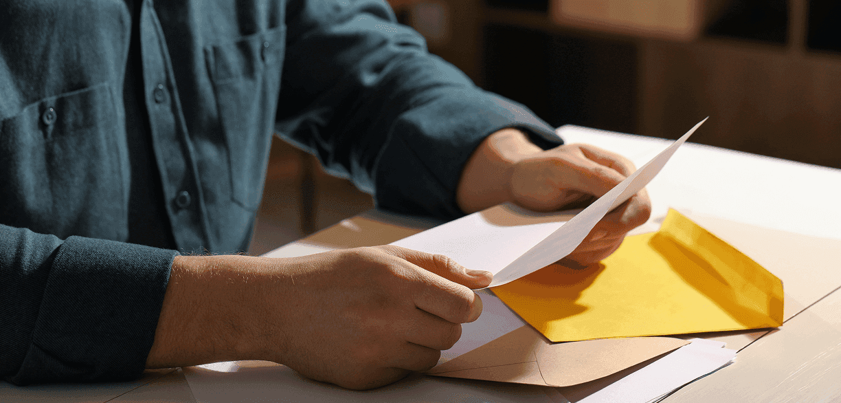 Pessoa analisando no papel as parcelas do seu financiamento, com contas matemáticas 