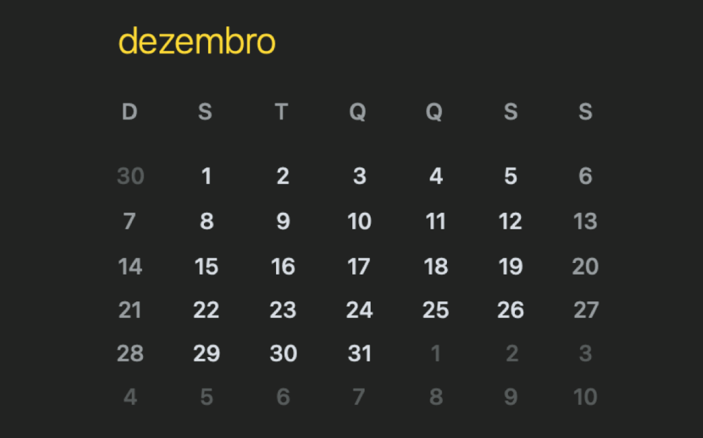 Calendário representando o quinto dia útil do mês de dezembro