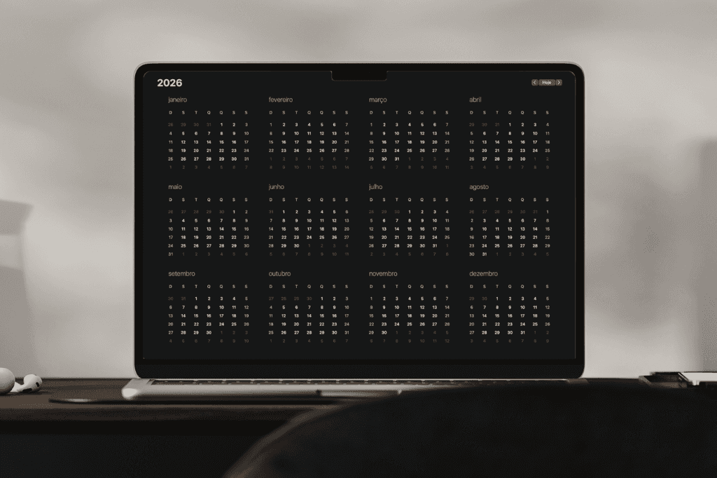 Calendário de 2026, com todos os meses, representando o quinto dia útil.