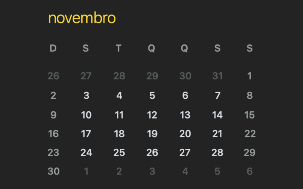 Calendário quinto dia útil de novembro