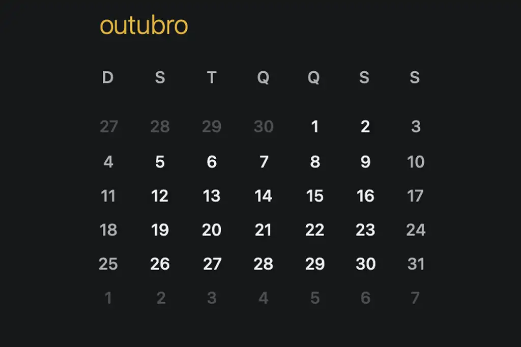 Calendário do quinto dia útil de outubro de 2026