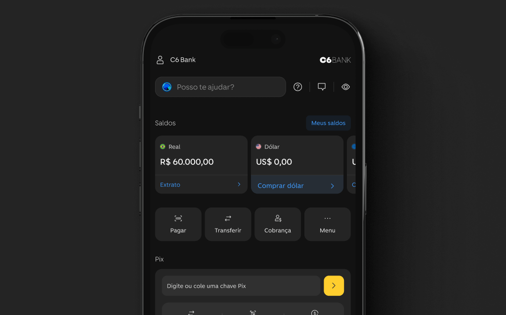 Tela do celular na conta C6 Bank mostrando conta bancária com saldo, representando o recebimento da segunda parcela do décimo terceiro