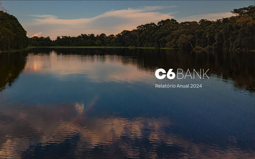 Rio no por do sol com a logo do C6 Bank escrito "Relatório de 2024"