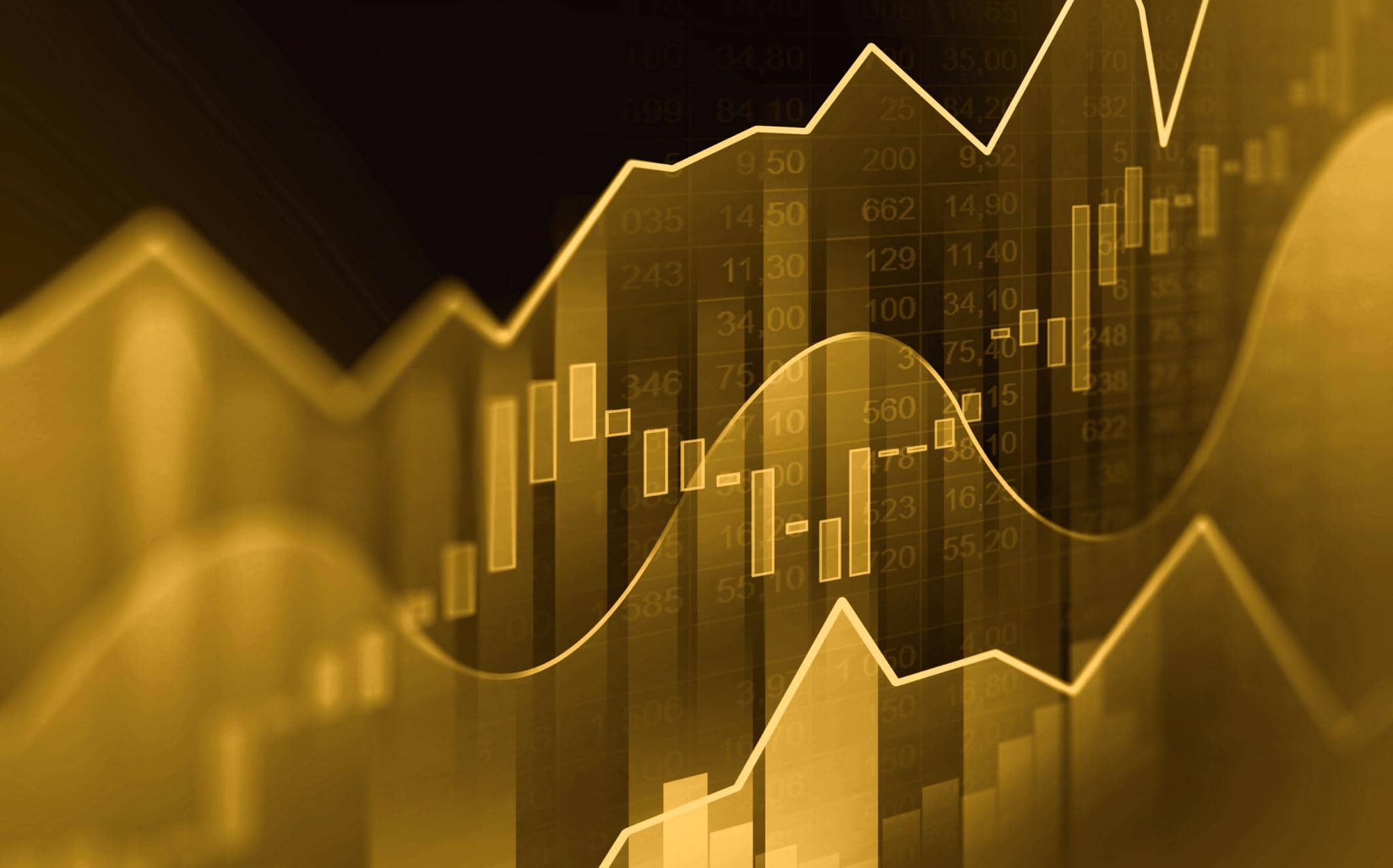 Gráfico financeiro em tons amarelos com linhas e velas de alta e baixa sobre fundo com números e mapa-múndi, representando oscilação de mercado e indicador de risco país.