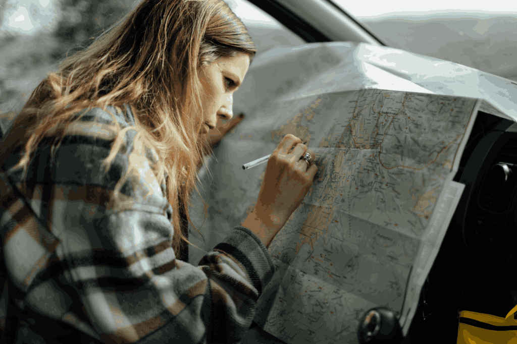 Mulher loira, branca, de cabelos longos fazendo anotações em um mapa mundi com uma caneta.