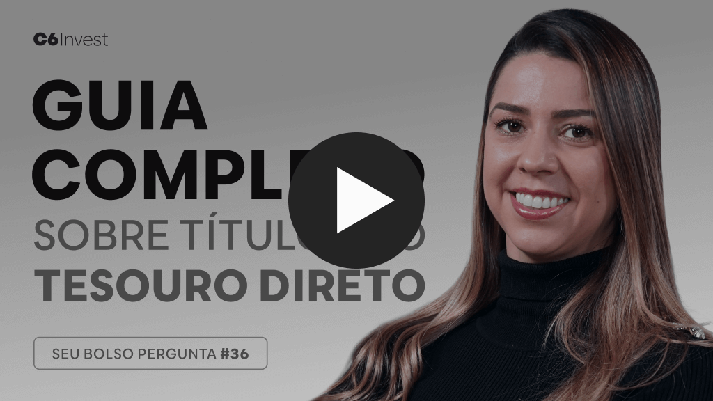 Mulher de pele clara, cabelos longos com mechas loiras, usando uma blusa de frio preta de gola alta. Ao lado esquerdo dela, está o título Guia Completo Sobre o Títutlo Tesouro Direto
