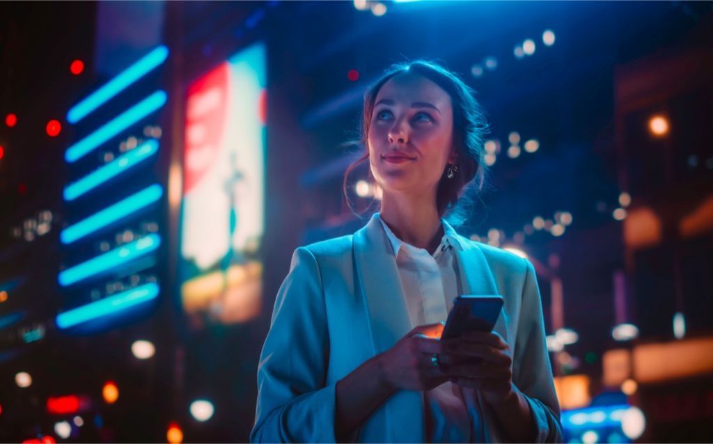 renda fixa no exterior mulher em meio a prédios em um ambiente noturno segurando o celular e olhando para cima com ar aspiracional