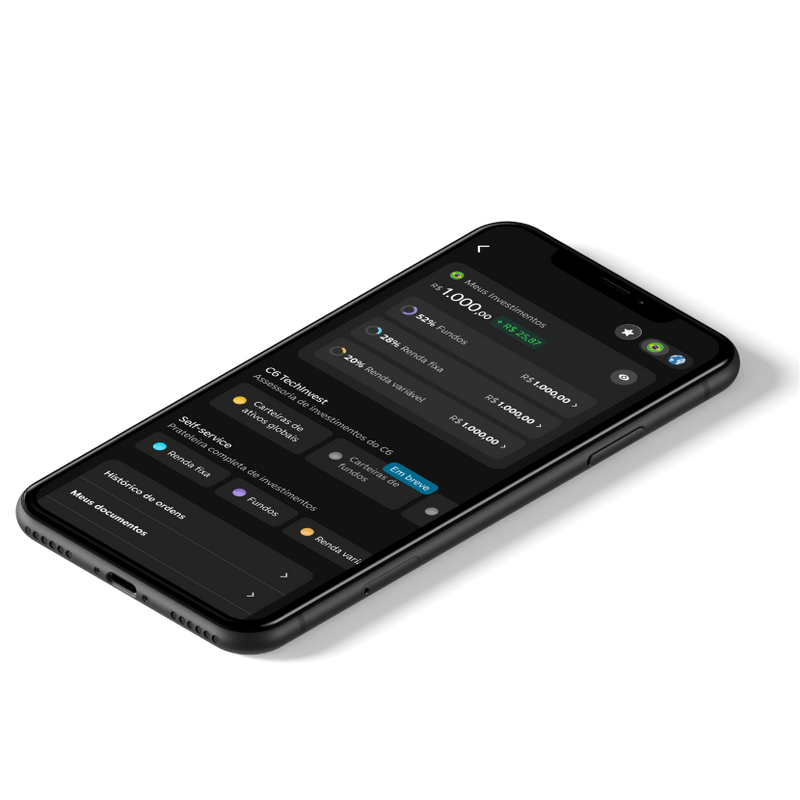 Celular com App do C6 Bank aberto na tela de investimentos