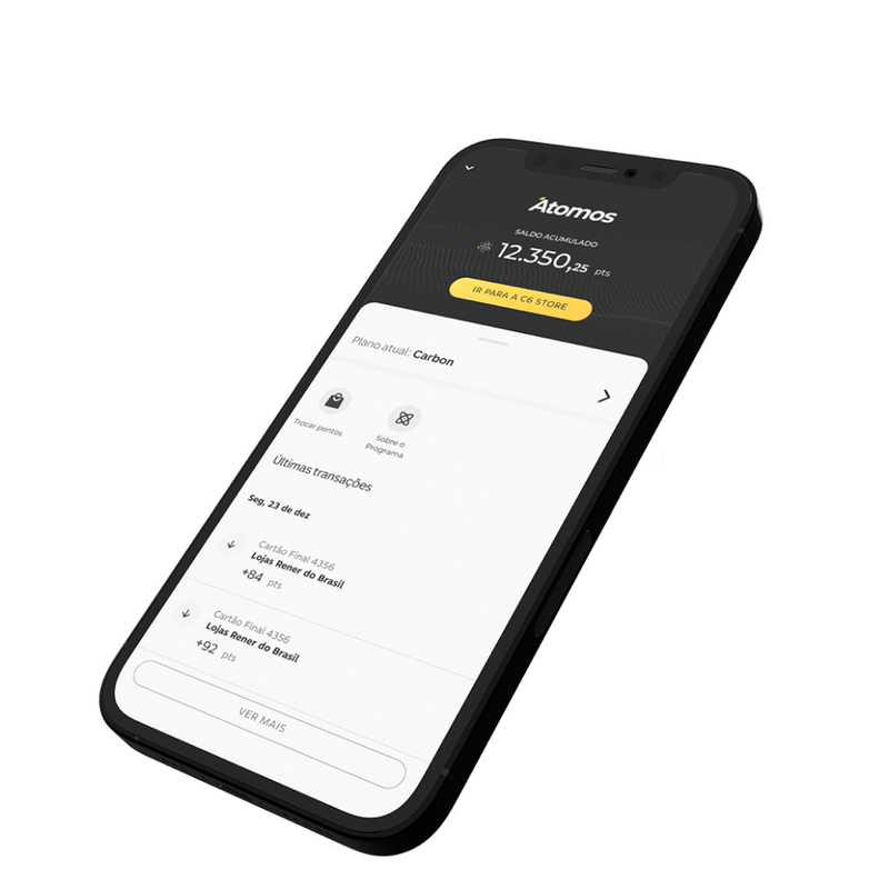 Celular exibindo a tela do Programa Átomos C6 Bank