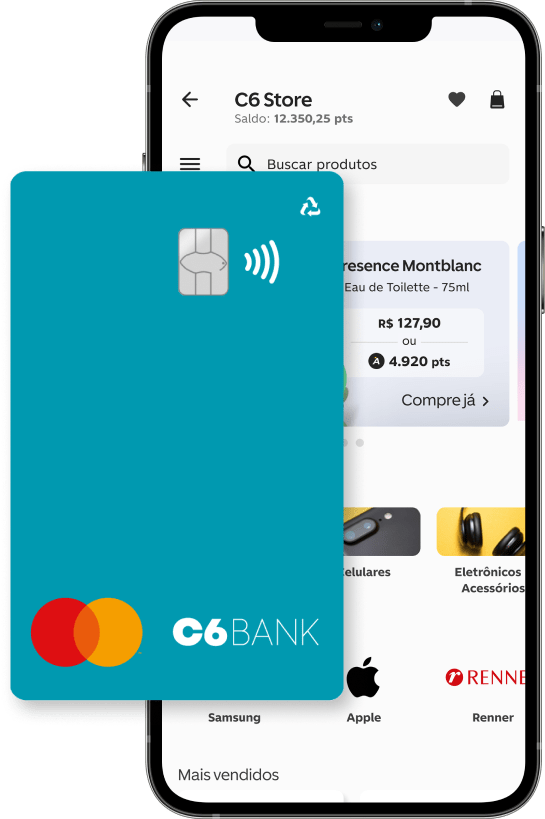Smartphone mostrando a página da C6 Store no app do C6 Bank com um cartão acqua na frente
