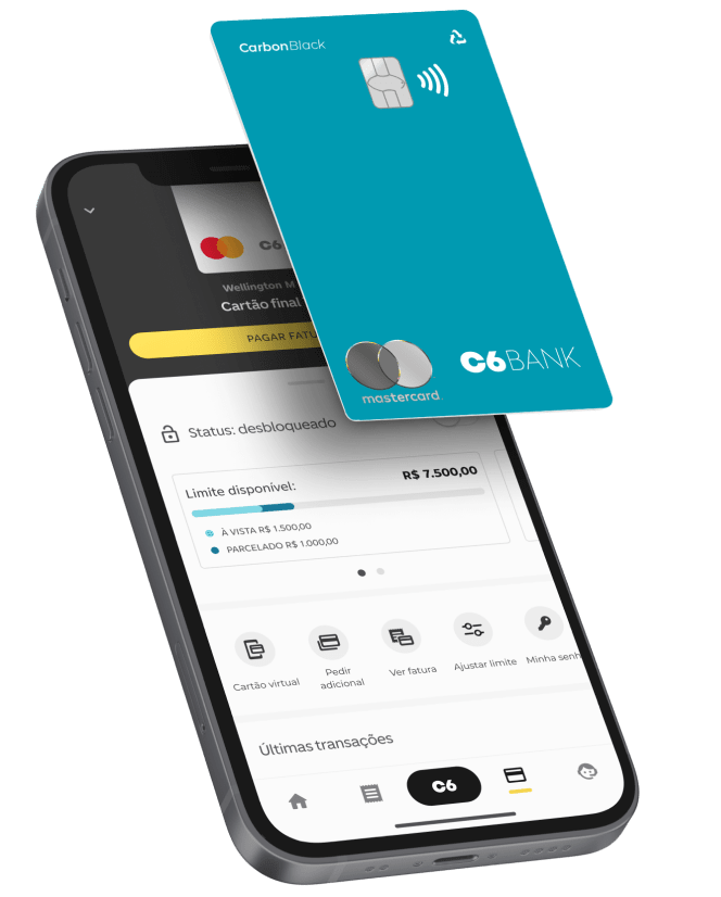 Smartphone com o app do C6 Bank aberto na tela de cartões