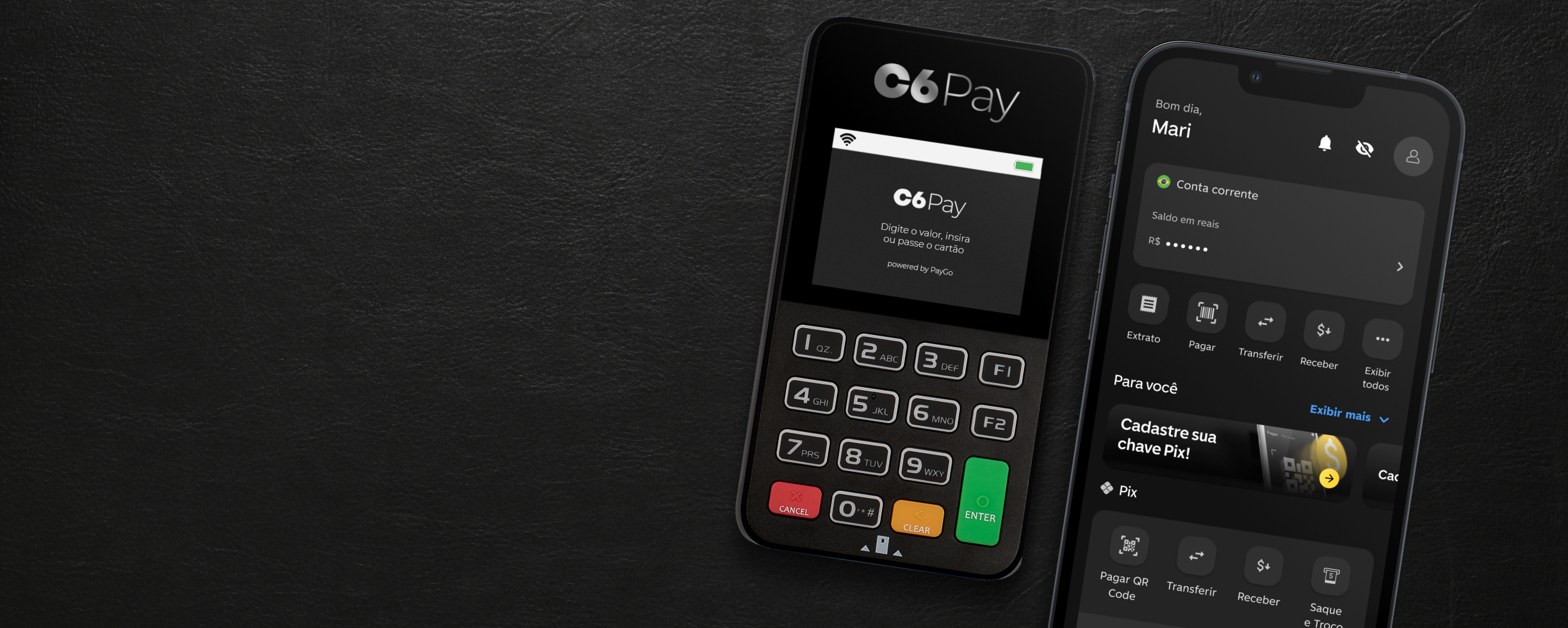 Maquininha c6 pay e celular com app C6 Bank aberto