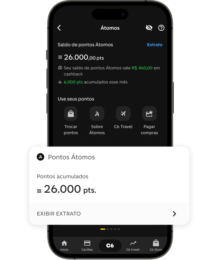 Celular com uma foto com par de modelos e um print screen da sessão do Programa Átomos no app do C6 Bank