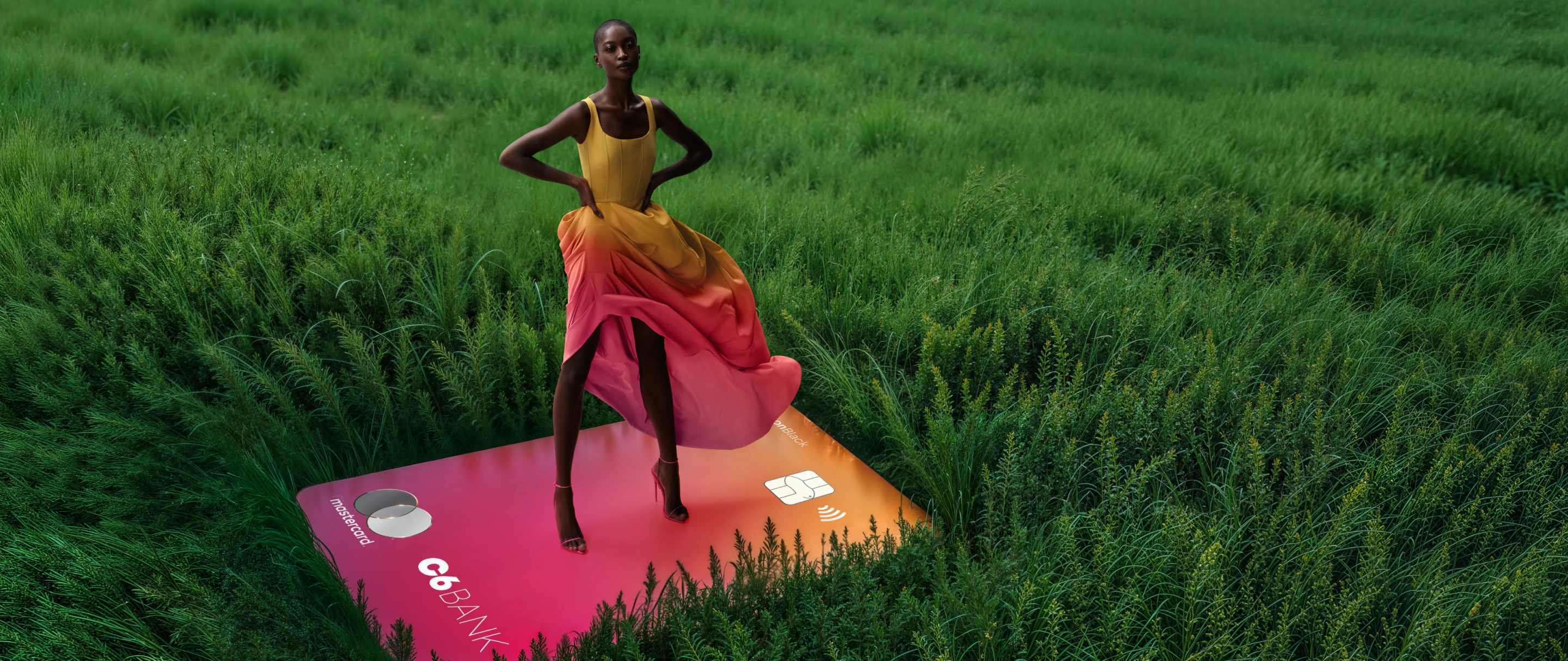 Mulher posa sobre cartão C6 Carbon cor Sunset ampliado, em campo verde. Vestido combina com as cores do cartão.