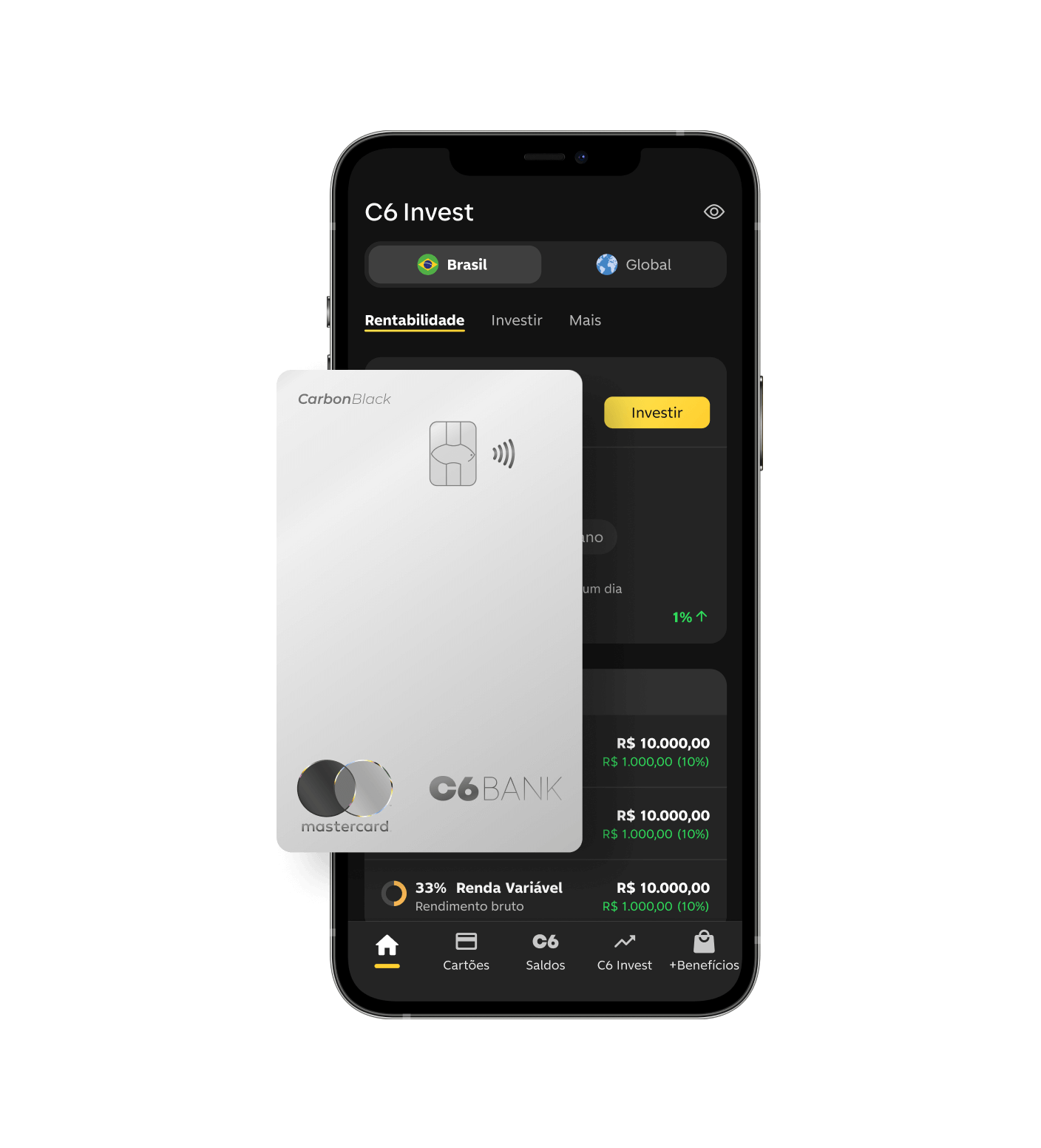 Celular com app do C6 Bank aberto na tela de C6 Invest com cartão C6 Carbon Silver ao lado