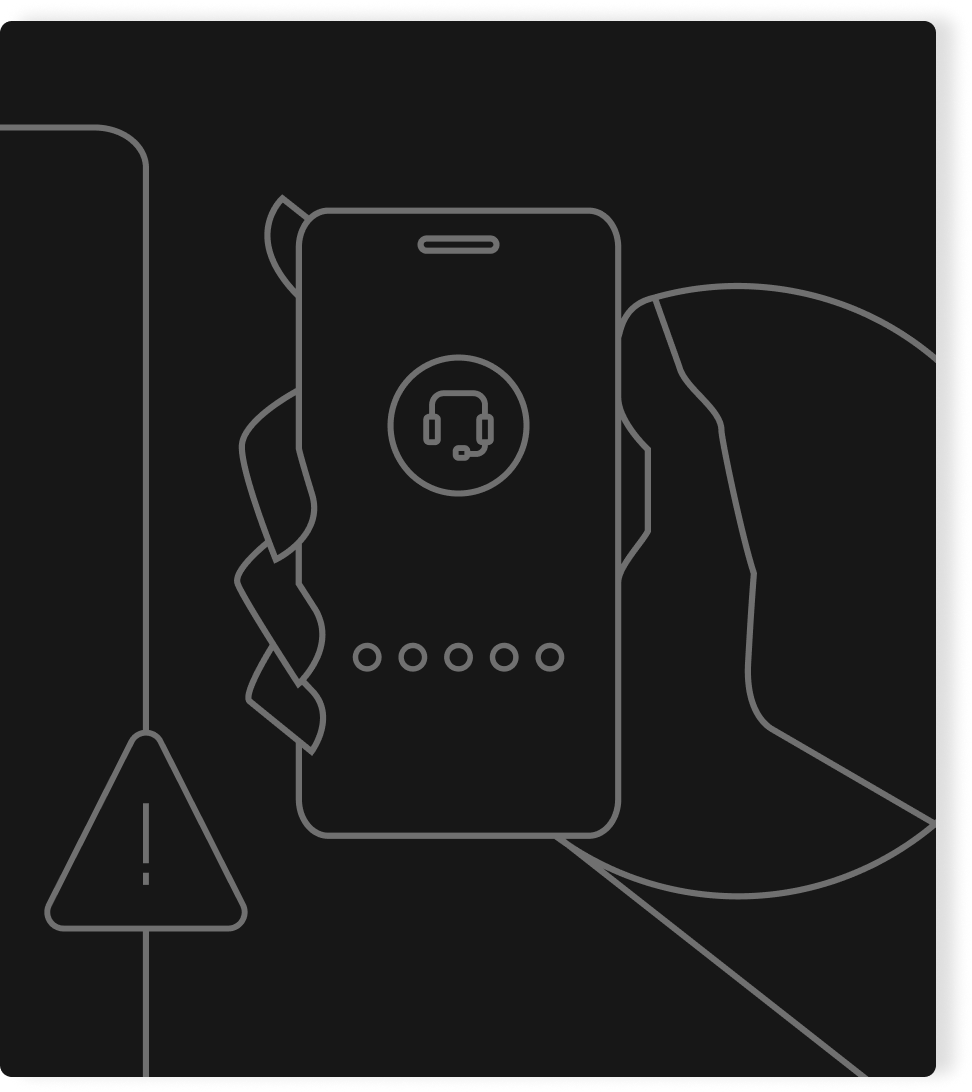 Ilustração de mão segurando um celular com ícone de fone de atendimento