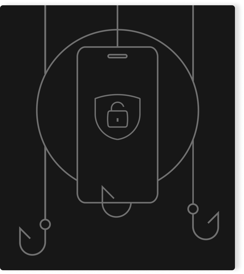 Ilustração de celular com ícone de cadeado. O celular esta cercado por anzóis