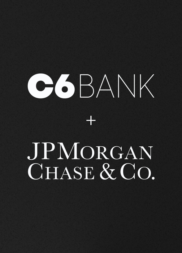 Imagem com os logotipos do C6 Bank e do JP Morgan Chase & Co. escritos em branco com fundo cinza