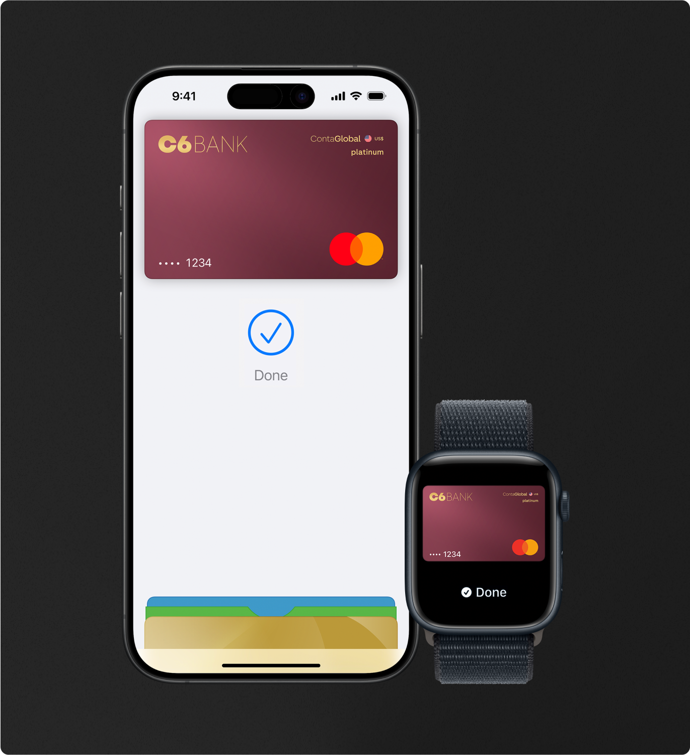Imagem de celular e relógio da Apple com o cartão do C6 Bank na função do Apple Pay