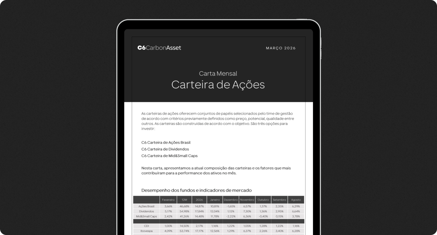 Tela de tablet com a capa do documento de título Carteira de Ações