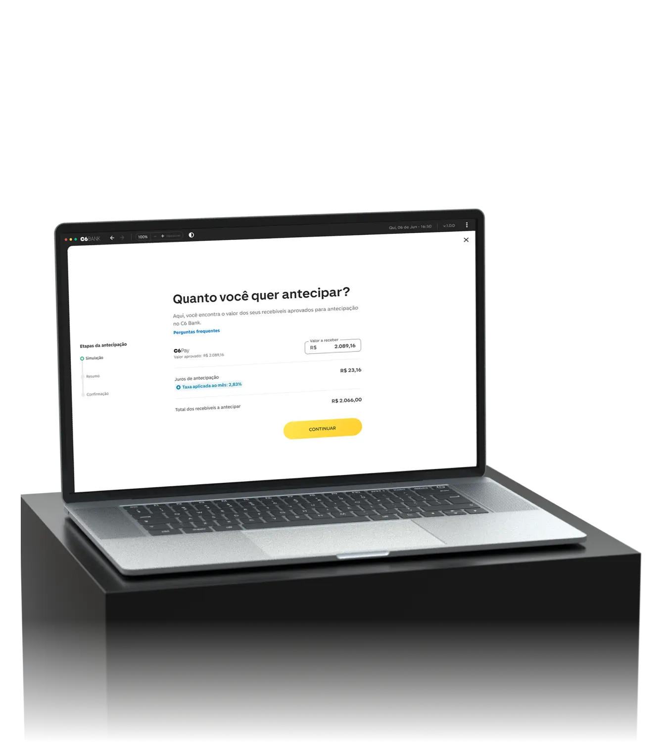 Notebook mostra simulação de antecipação de recebíveis no site do C6 Bank.