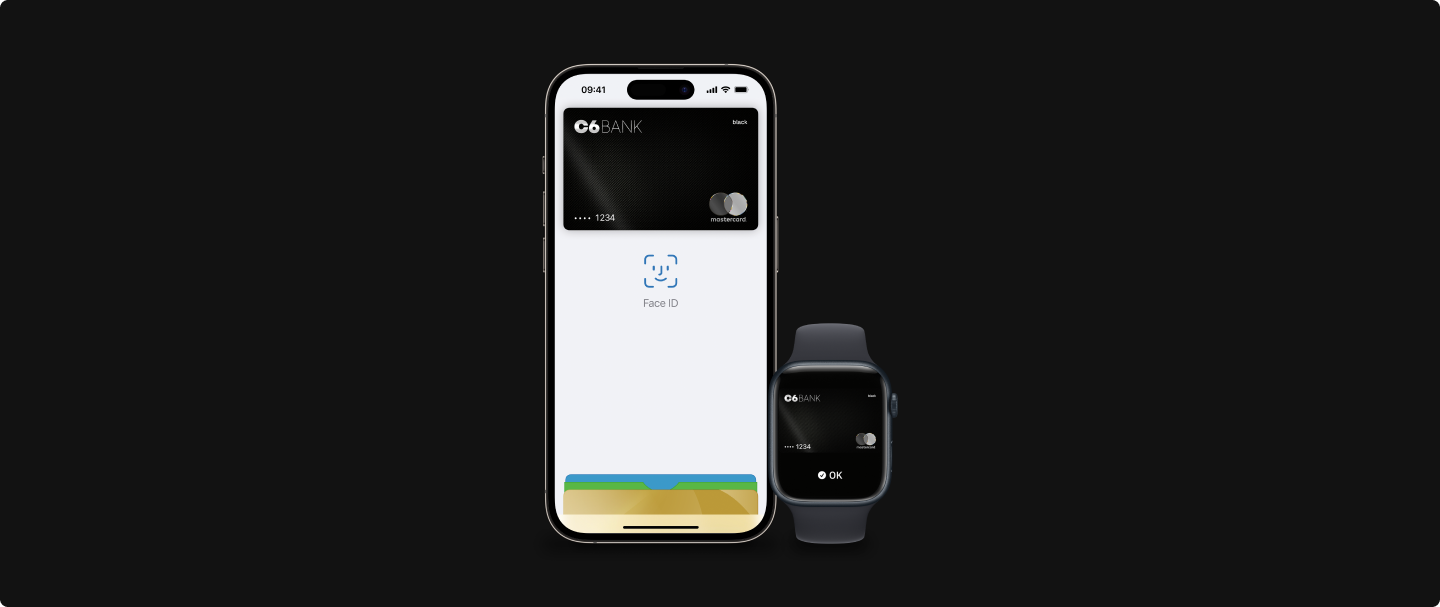 Dispositivos Apple Pay Fotografia de celular e relógio da Apple, ambos com o cartão do C6 Bank na tela