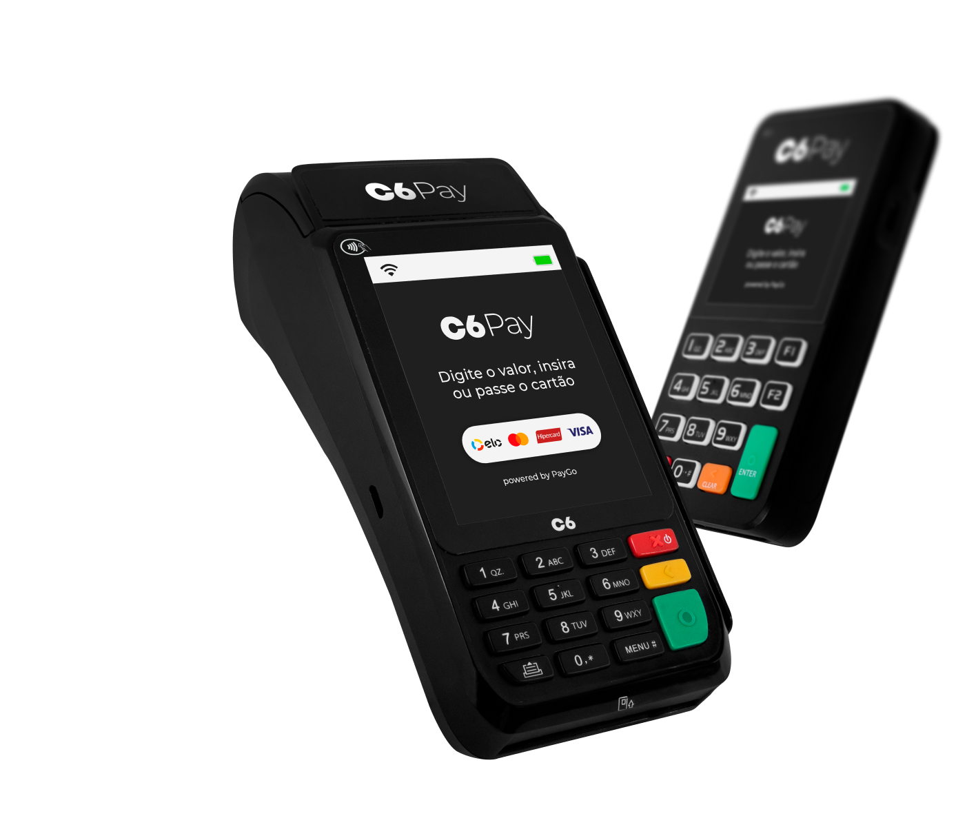Duas maquininhas C6 Pay com visor de pagamento e teclado numérico com botões coloridos.