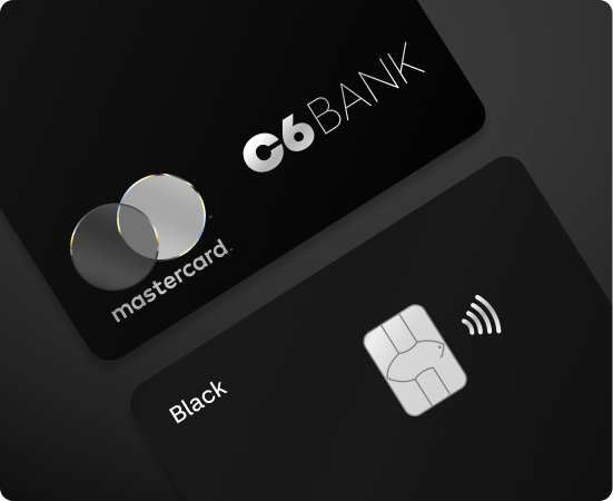 Dois cartões C6 Mastercard Black em fundo escuro com destaque para chip, aproximação e logos.