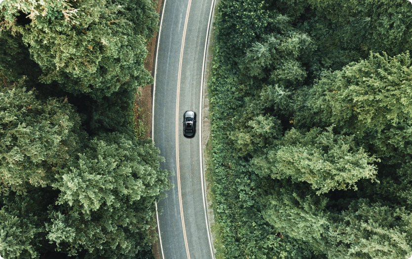 Carro preto em estrada sinuosa cercada por mata densa, visto de cima.