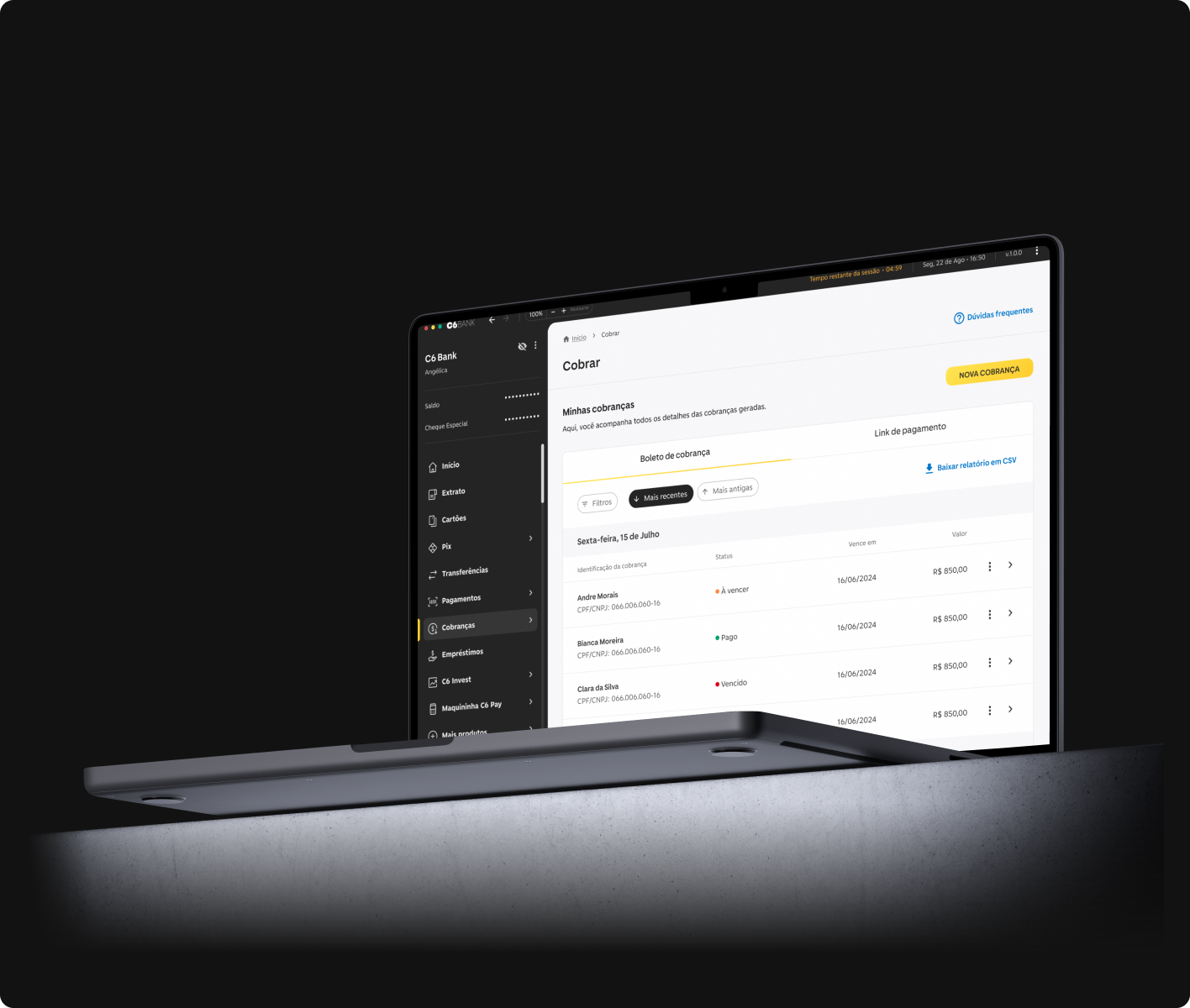 Tela de cobranças do C6 Bank aberta em notebook.