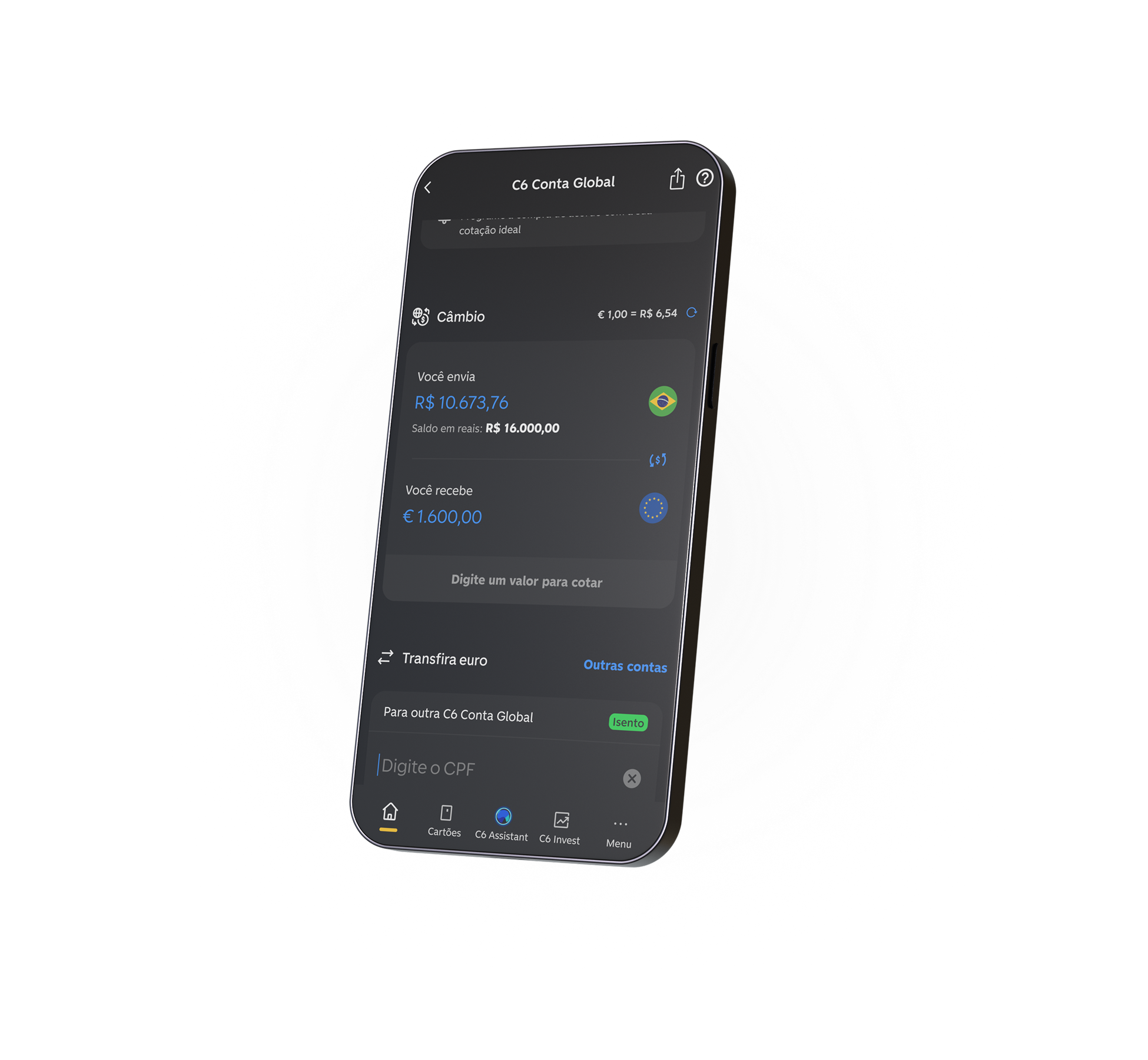Tela do app C6 Bank com simulação de câmbio da Conta Global e botão para transferir euro.