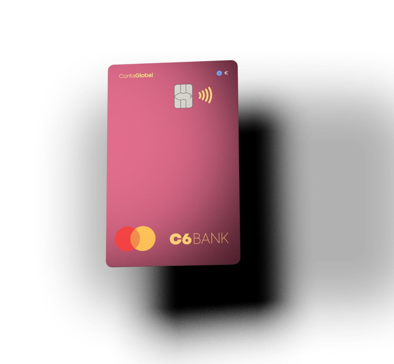 Cartão C6 Conta Global na cor Vinho com chip e logos da Mastercard e C6 Bank.