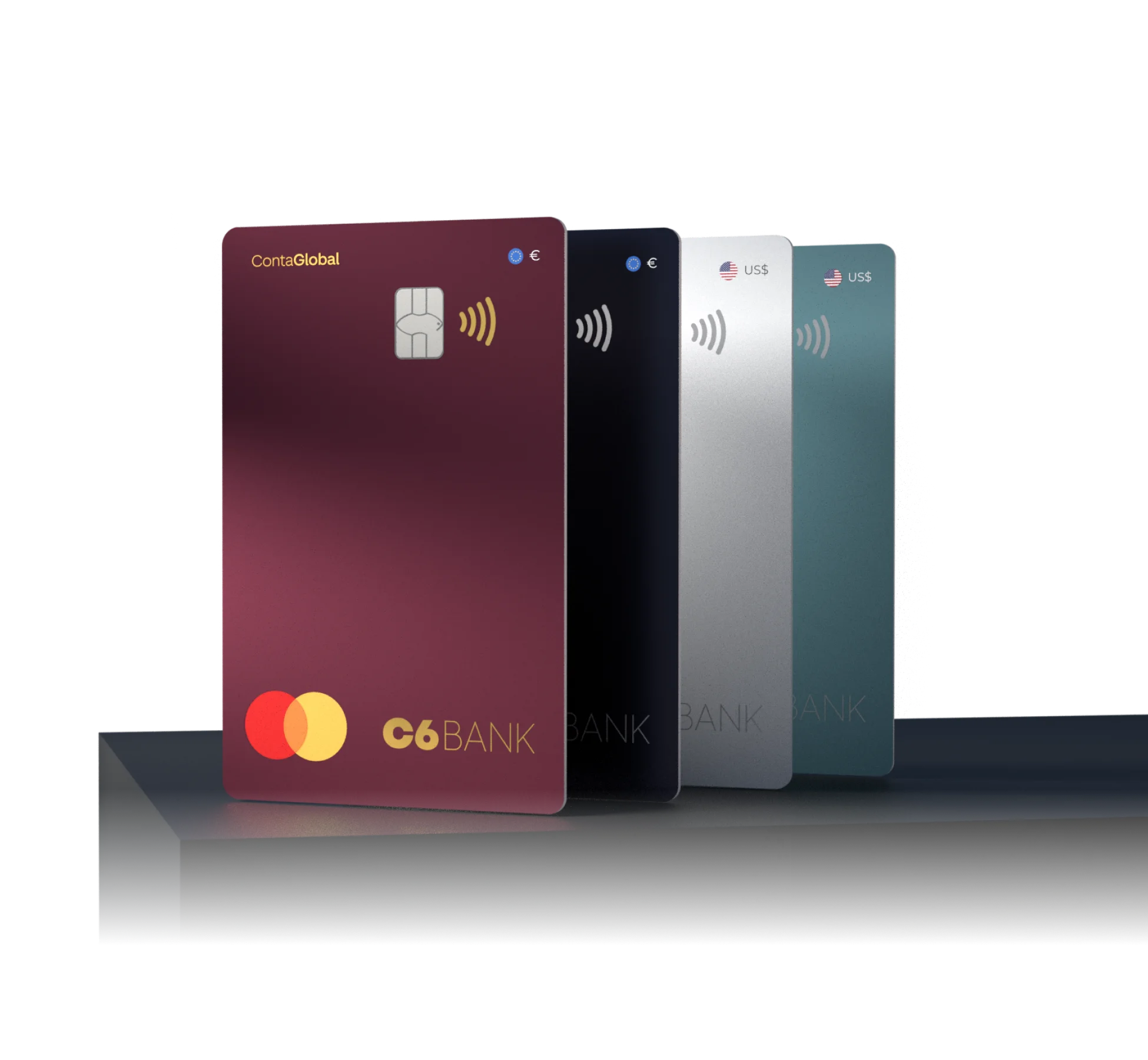 Cartões C6 Conta Global nas cores vinho, azul marinho, branco e azul turquesa, com bandeiras em euro e dólar.
