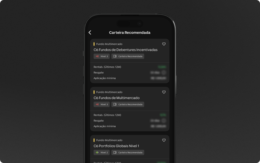 App do C6 Bank, aberto na tela com o catálogo de Carteiras Recomendadas de Fundos Multimercados.