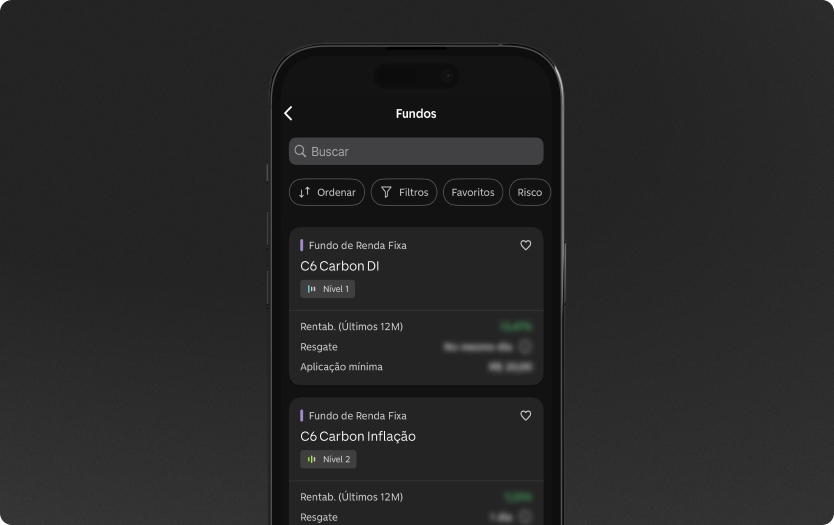 App do C6 Bank, aberto na tela com o catálogo de Fundos Indexados.