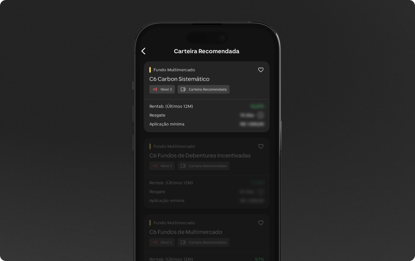 App do C6 Bank, aberto na tela com o catálogo de Carteiras Recomendadas de Fundos Sistemáticos.