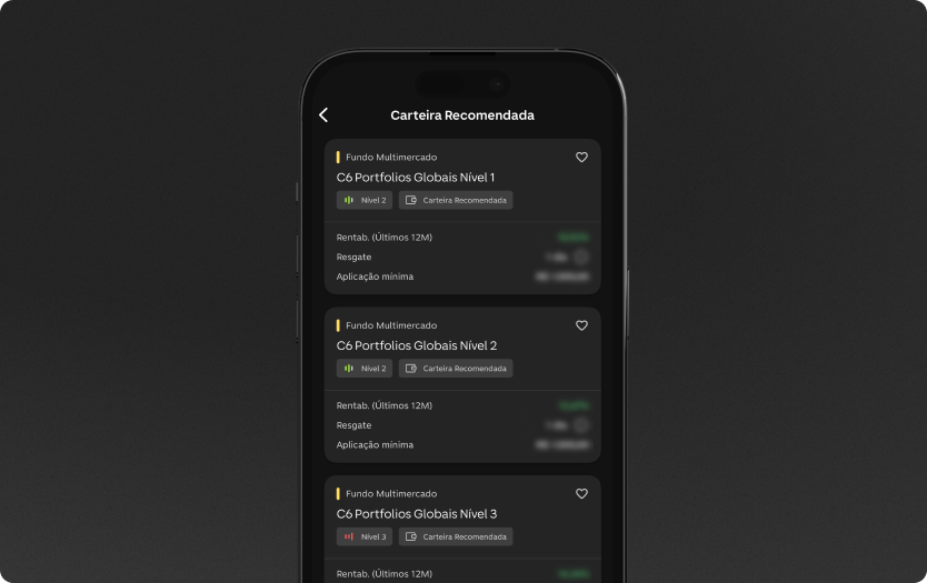 App do C6 Bank, aberto na tela com o catálogo de Carteiras Recomendadas de Portfólios Globais.